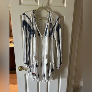 Free People White Boho Embroidered Tunic Dress with Blue Accents